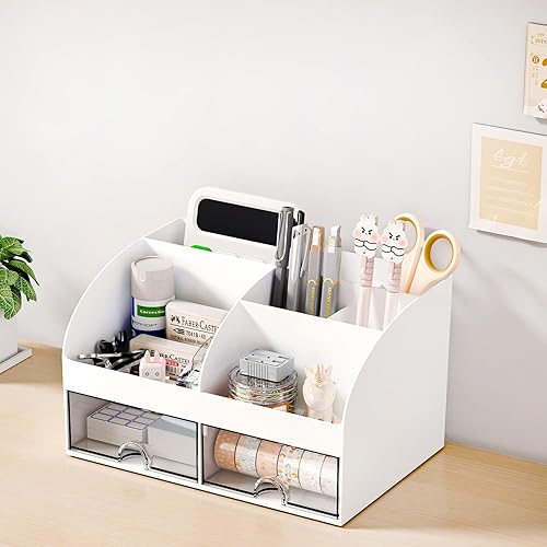 Miniatura 6 de COMFYROOM Organizador de escritorio y accesorios con 6 compartimentos y 2 cajones, organizador de maquillaje de plástico, soporte para bolígrafos