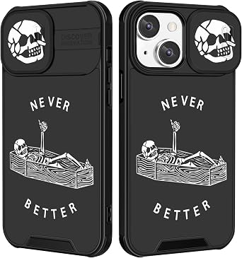 2in1 for iPhone 15 Case Skull Skeleton Women Boys Goth Phone Cover Cute Fun Gothic Black Spooky Cool Unique Design with Slide Camera Cover Protective Stand Holder for iPhone 15 Cases 6.1