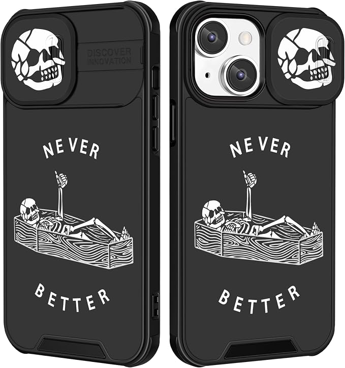 (2in1 for iPhone 15 Case Skull Skeleton Women Boys Goth Phone Cover Cute Fun Gothic Black Spooky Cool Unique Design with Slide Camera Cover Protective Stand Holder for iPhone 15 Cases 6.1''