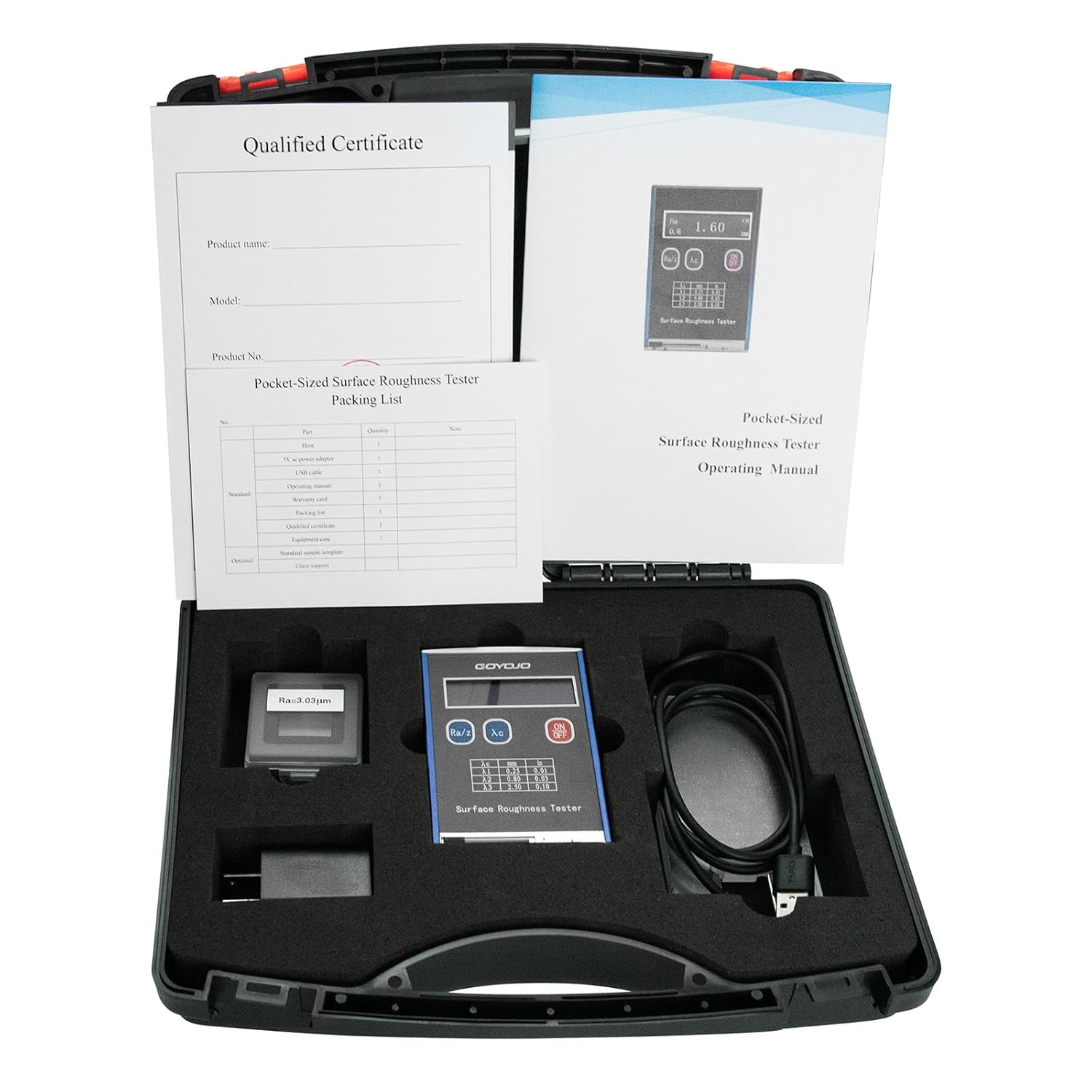 GOYOJO Surface Roughness Tester kit showing the calibration block and bracket.