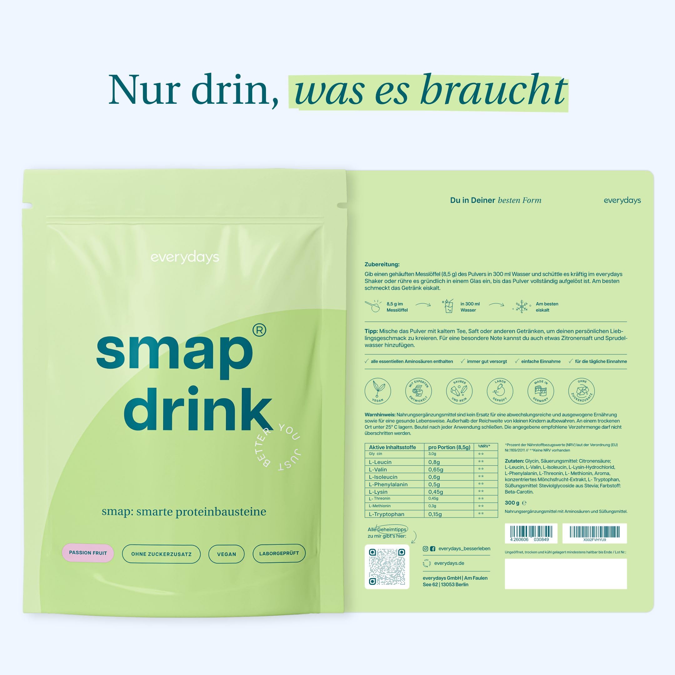 everydays – smap® drink Passion Fruit – 100% reine Aminosäuren - hochwertige Proteinbausteine für Zellen, Muskeln & Regeneration – vegan, zuckerfrei - Passionsfrucht (300g)