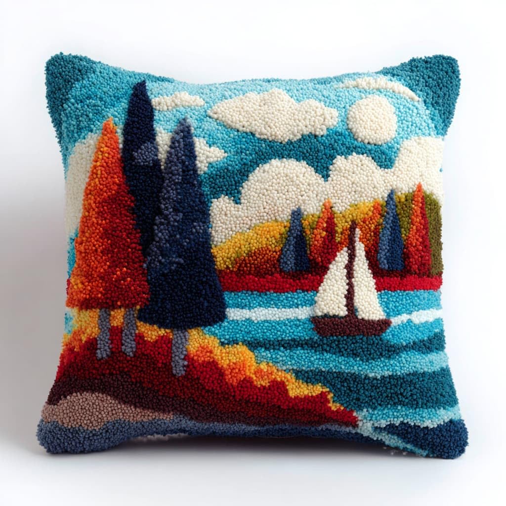 WallustrioaW Latch Hook Cushion Kits,Lake Scenery