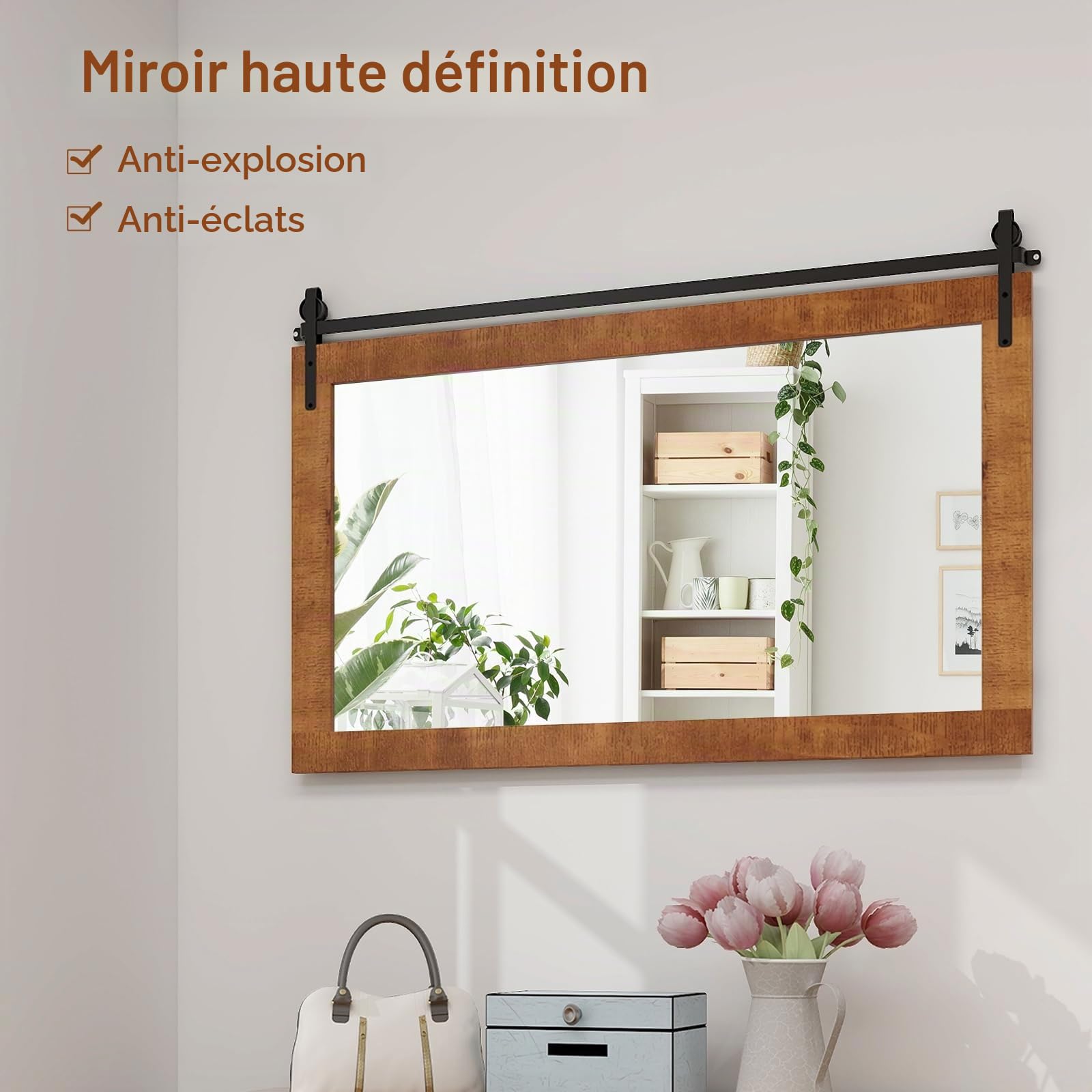 LIFEZEAL 100 X 66 CM Miroir Murale Rustique, Rectangulaire Miroir Murale avec Cadre en Bois Massif, Support en Métal, Décoration Rustique pour Salon, Entrée, Chambre, Salle de Bain (Marron)