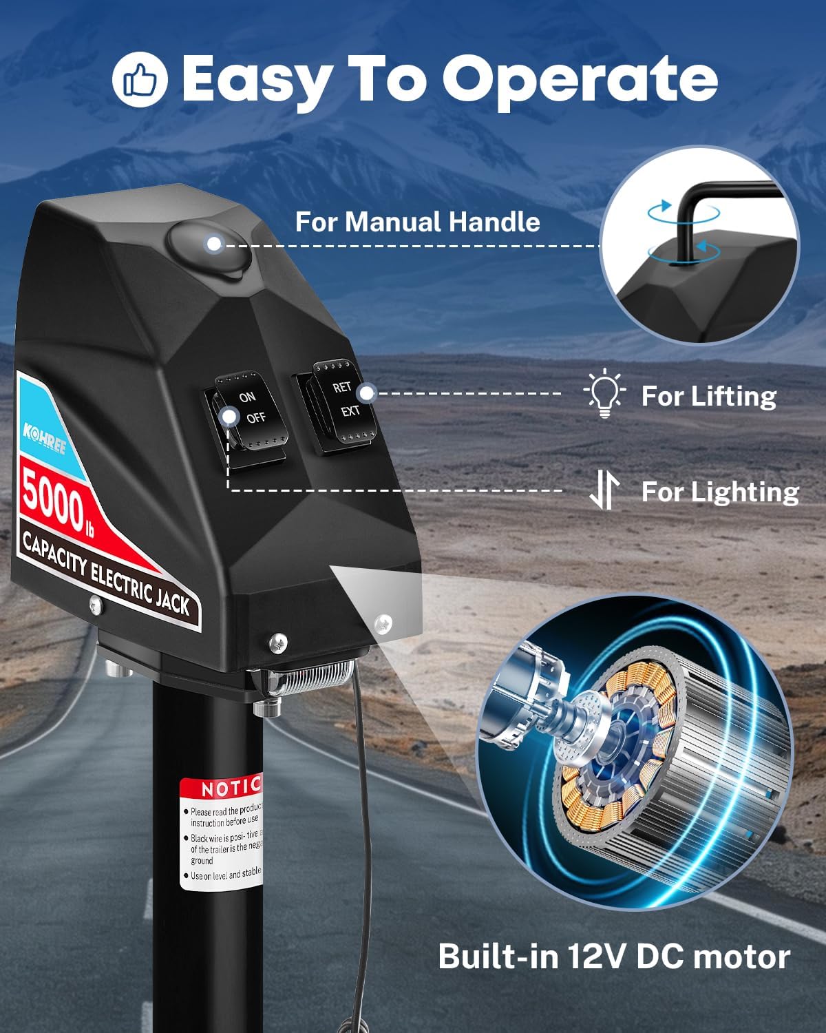 kohree electric trailer jack 5000lbs, heavy duty a-frame electric power tongue jack with waterproof cover & led light for travel trailers, camper, rv, 12v dc with wiring, 9.8"-31.7" lift 5000 lbs with standard wiring