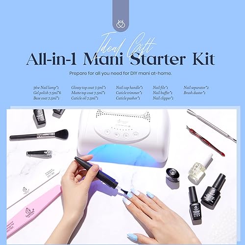 Miniatura 2 de Beetles - Kit de esmalte de uñas de gel con luz LED UV de 48 W, secador de uñas, 6 colores con purpurina azul y gel blanco, kit todo en uno, juego