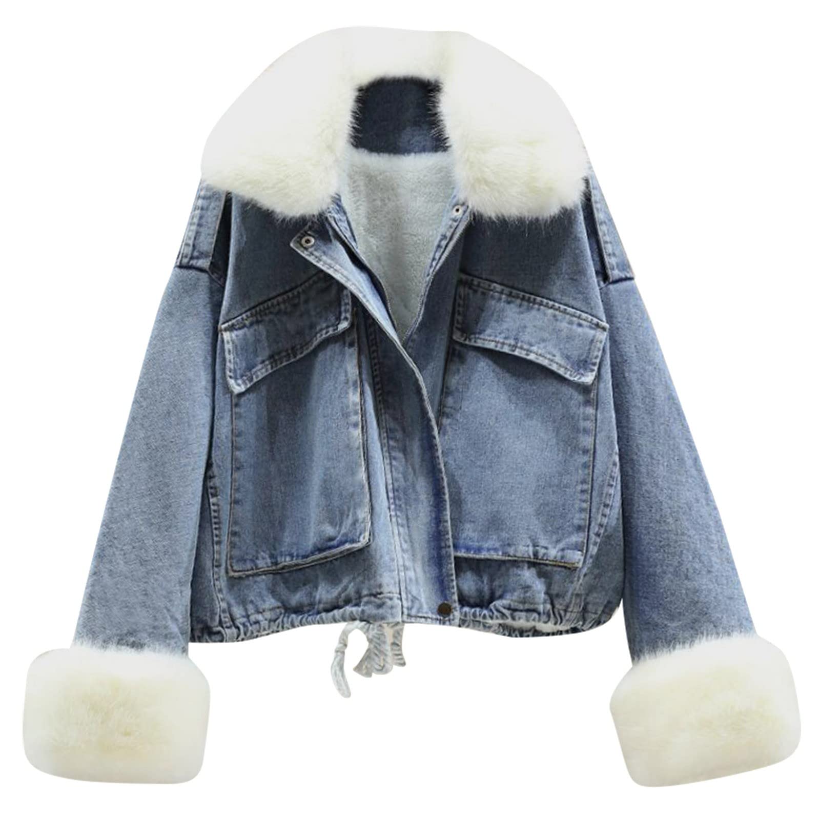 IQYU Chaqueta vaquera con pelo para mujer – Chaqueta de invierno para mujer, chaqueta larga y cálida, forro polar, con capucha, para adolescentes, para exteriores, chaqueta vaquera, chaqueta vaquera,