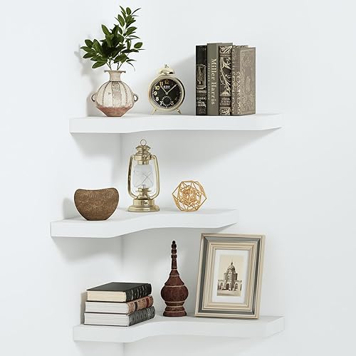 SAUMONIERES Estantes flotantes de esquina de madera maciza para dormitorio, baño, cocina, almacenamiento, juego de 3, color blanco, soportes