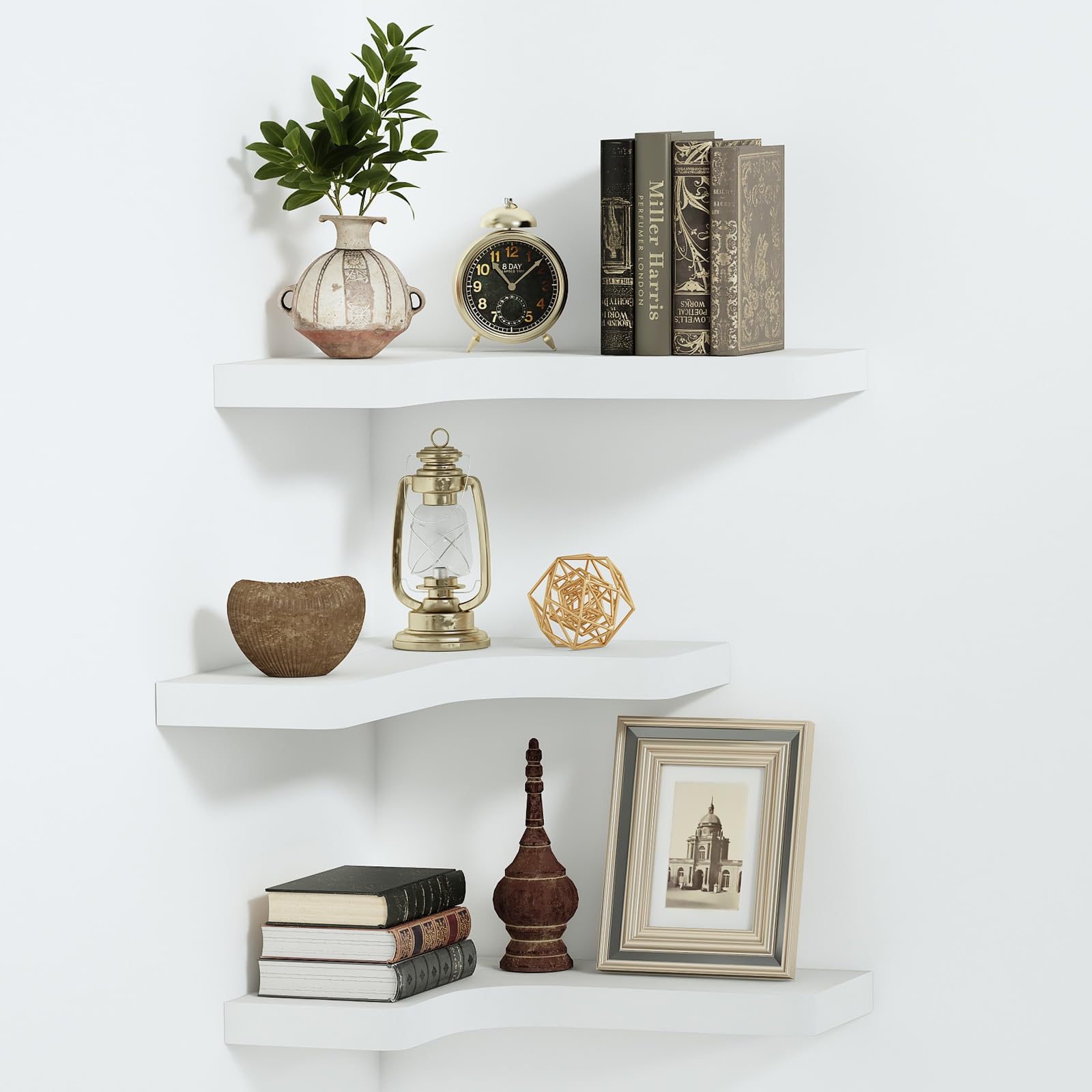 SAUMONIERES Corner Floating Shelves Wall Mount Shelf Solid Wood for Bedroom Bathroom Room Kitchen Storage Set of 3, White, Invisible Brackets