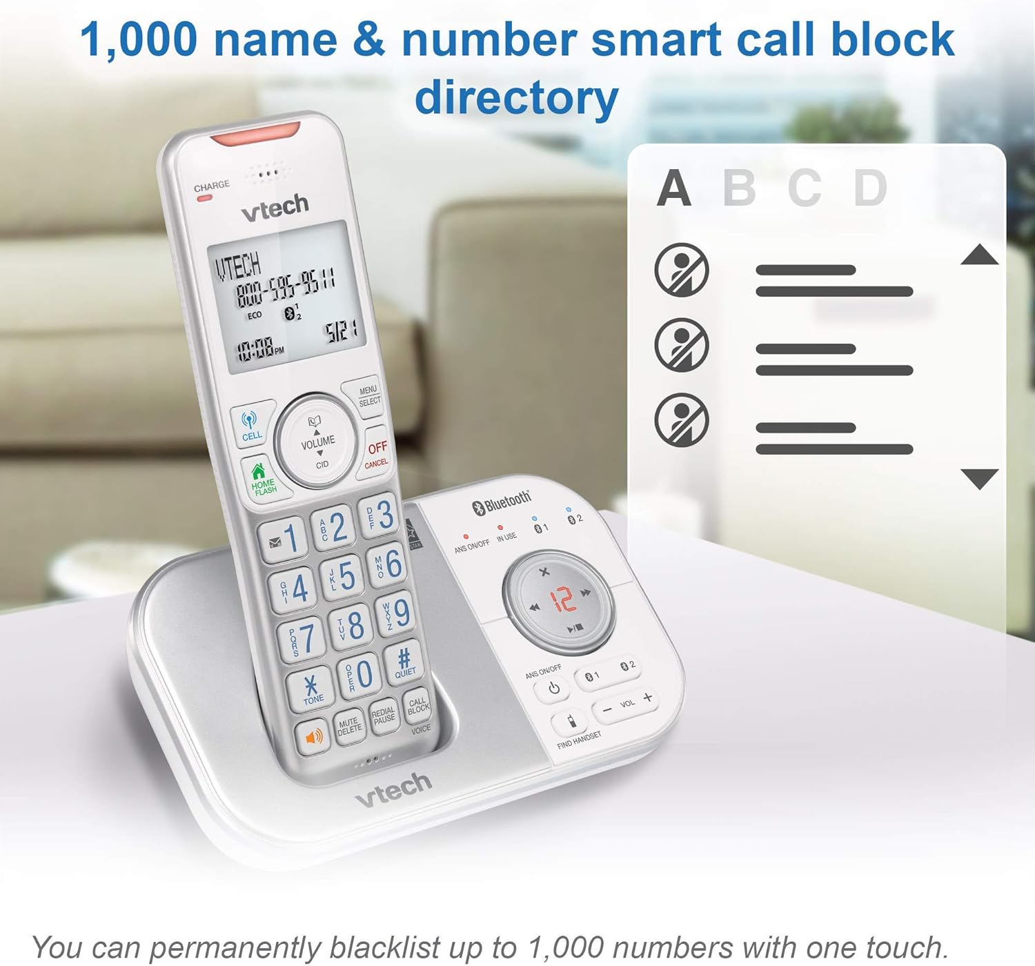 Diagram showing a 1,000 name and number smart call block directory, with a VTech handset on its base.