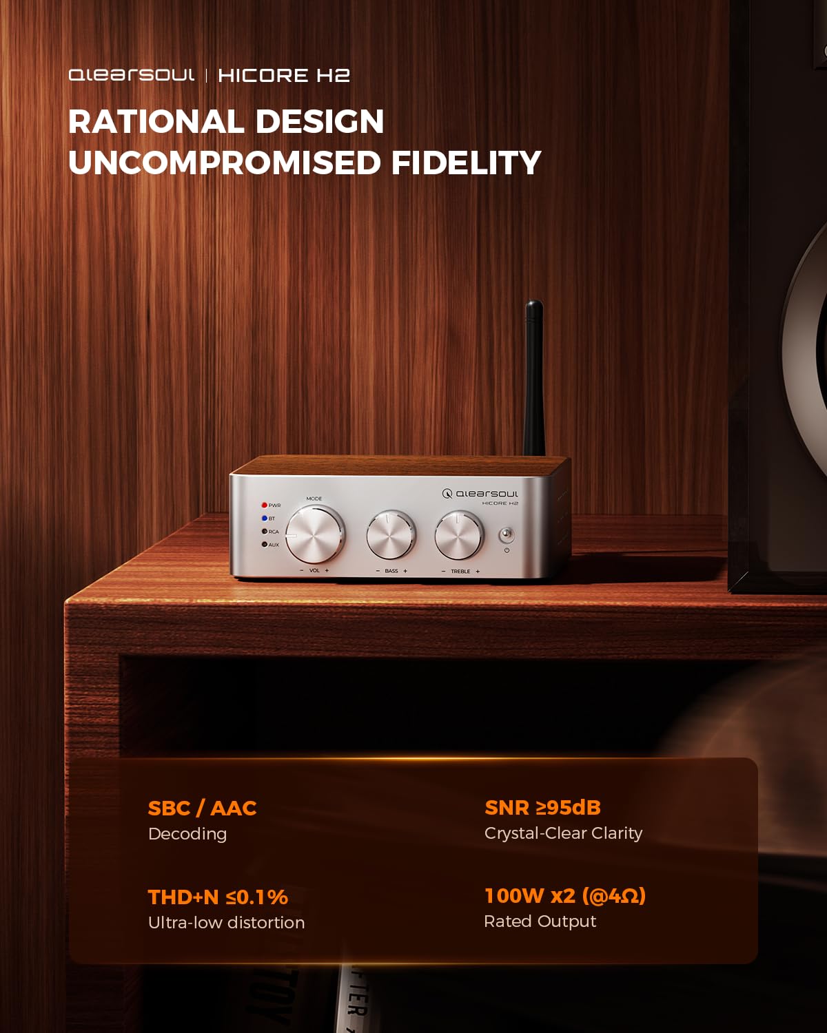Qlearsoul HiCore H2 Bluetooth 5.4 Hi-Fi wzmacniacz stereo — TI TPA3255 klasa D, 100 W x2 (@ 4Ω) wyjście znamionowe, tryb Anti-Hijack BT, RCA/AUX/BT 3-wejściowy hub do głośników pasywnych, zawiera