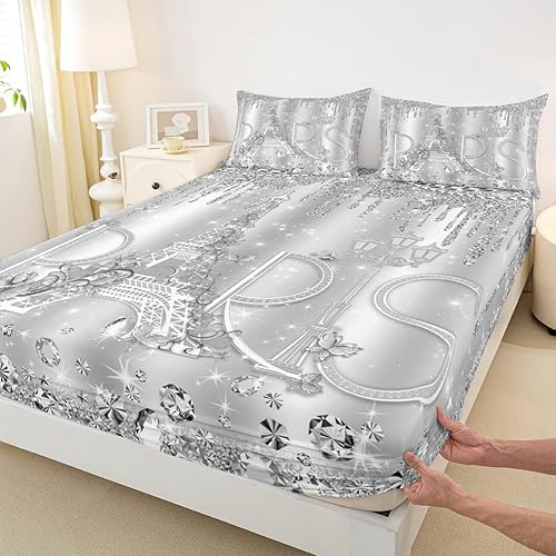 Miniatura 4 de Juego de sábanas de París, tamaño King, juego de ropa de cama de 4 piezas con purpurina plateada y diamantes para decoración de habitación de niños