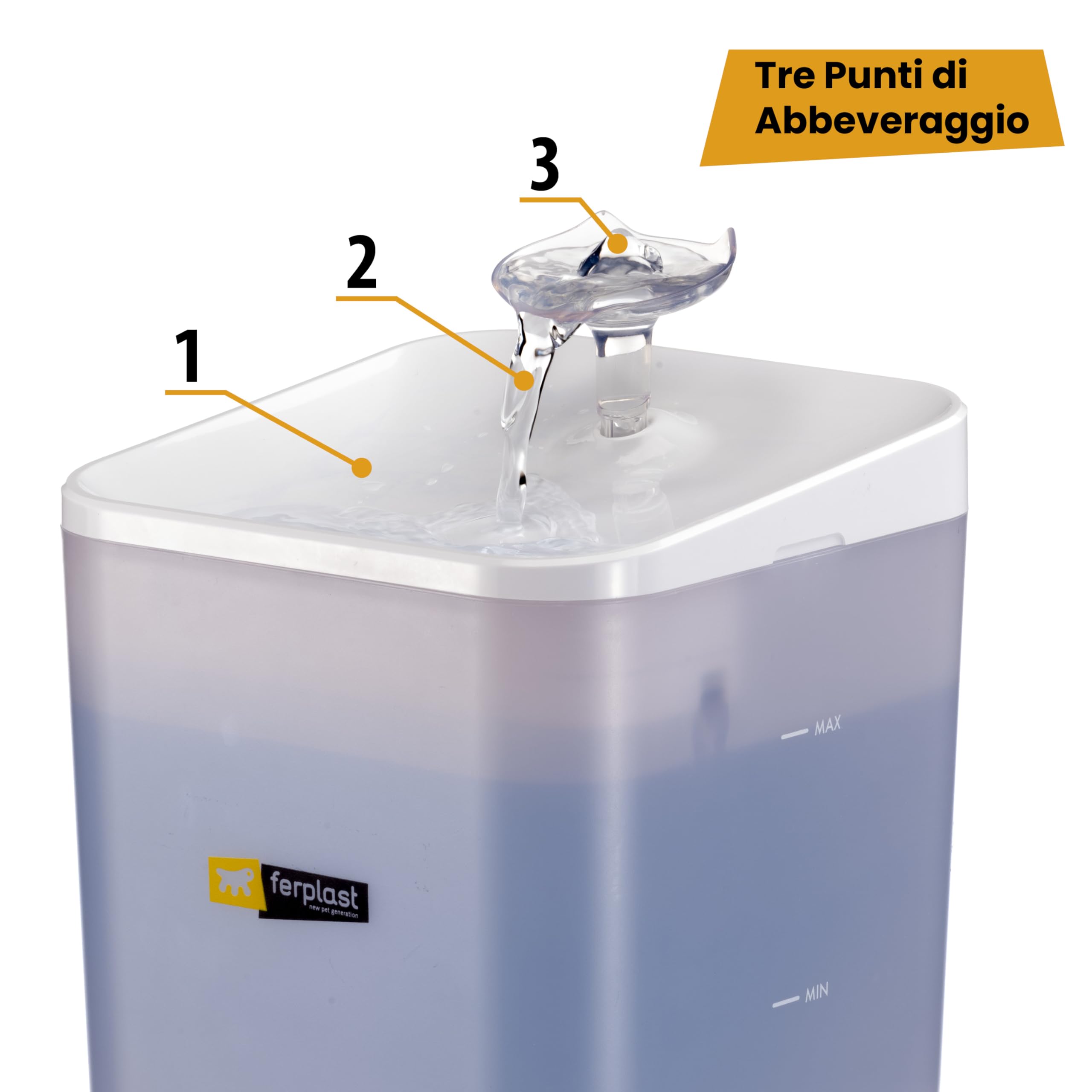 Ferplast Fontanella per Gatti e Cani ARES, 2L Capacità, Indicatore LED Livello Acqua, Sistema di Triplo Filtraggio, 3 Punti di Bevuta, Flusso Delicato, Silenziosa, Alimentatore Incluso