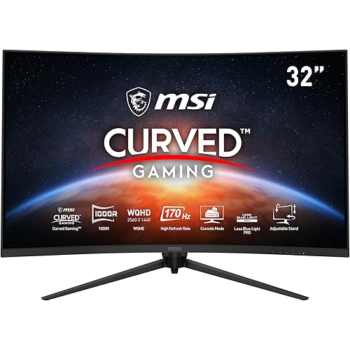 MSI G321CQP E2, 32" Gaming Monitor, 2560 x 1440 (QHD) Curved Gaming Monitor, 1 ms, 170Hz, FreeSync Premium, 1000R, HDMI, DisplayPort, Tilt, Swivel, Pivot and Height Adjustable.