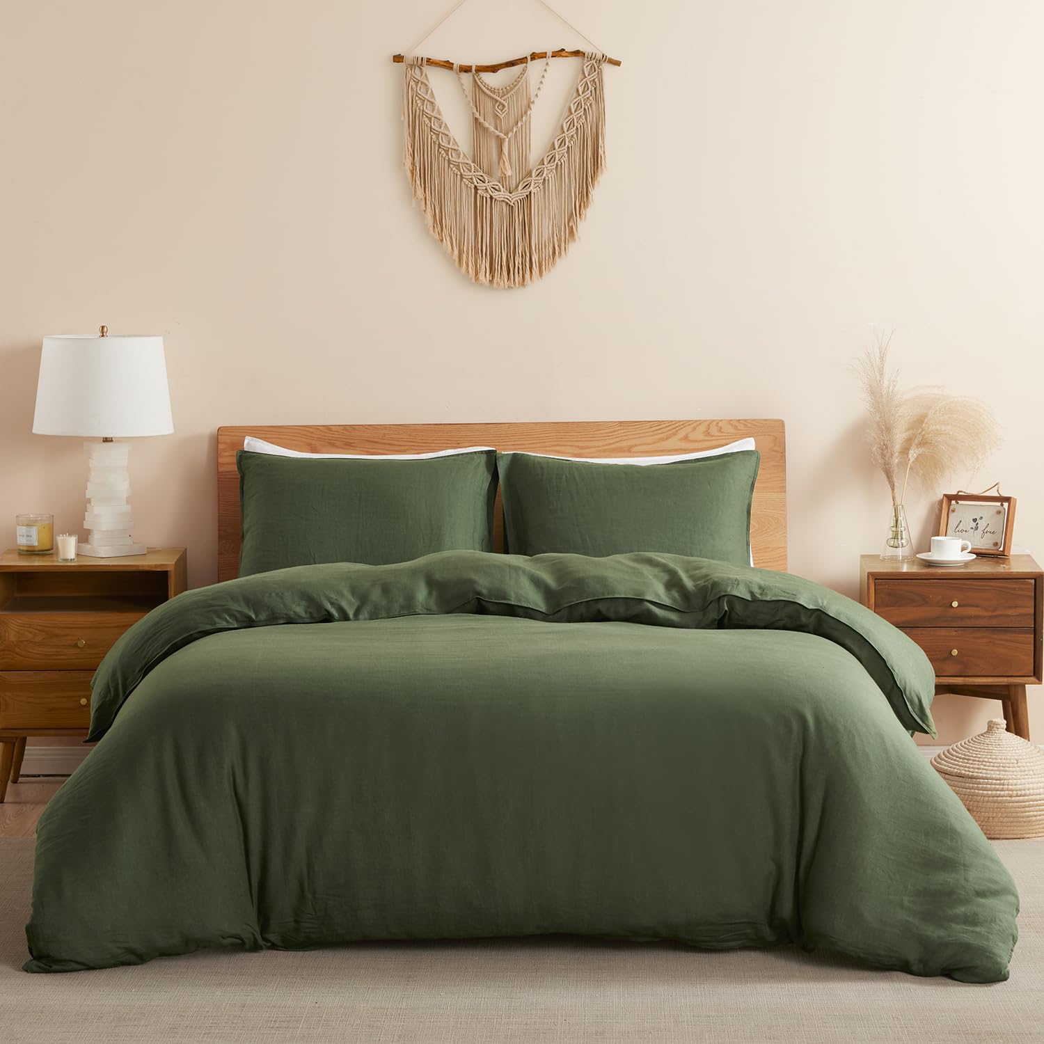 dapu 100% linen duvet cover, pure natural french flax linen with 8 corner ties&zipper closure soft breathable durable for hot sleepers 1 duvet cover 2 pillowcases(olive green, california king)