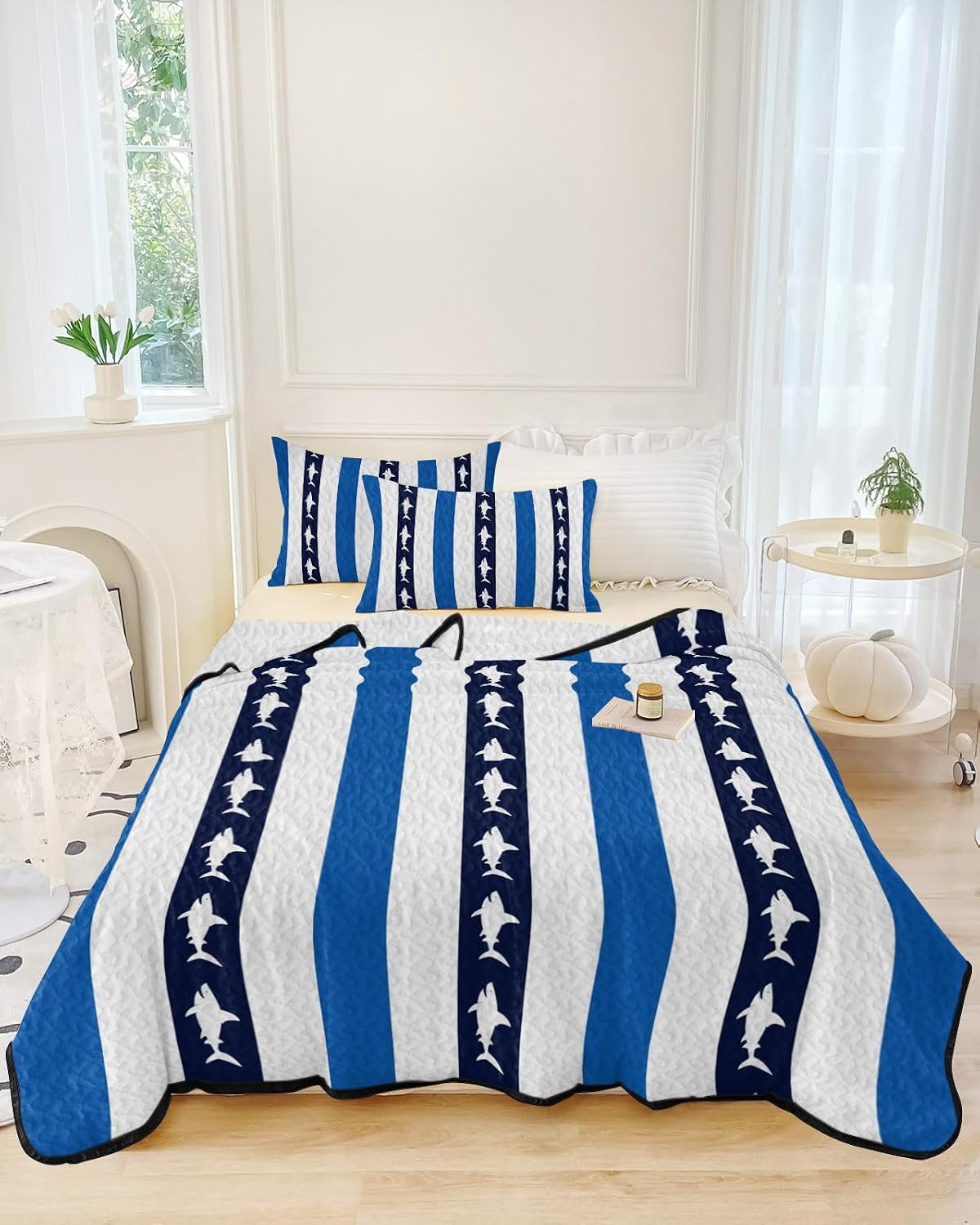 King Size Quilt Set, Summer Navy Blue Stripe Lightweight Bedspread Coverlet Set Soft Microfiber Summer Quilt with 2 Pillow Shams, Sea Shark Marine Life 3 Piece Comforter Bedding Set