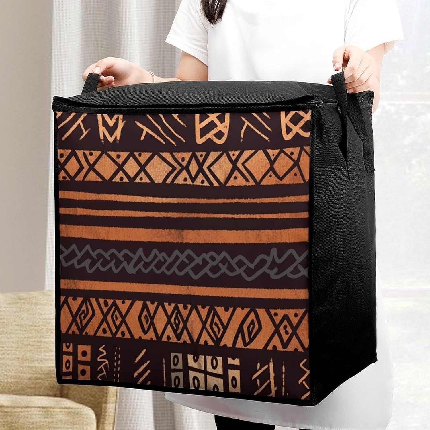 African Mud Cloth Tribal Storage Bag with Zippers And Handle Extra Large Bedding Comforter Storage Bag Foldable Blanket Storage Bags Fabric Moving Bags for Closet Organizer (70L)