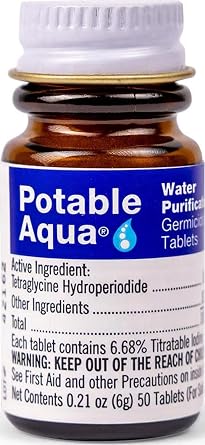 Potable Aqua Water Purification Treatment - Portable Drinking Water Treatment for Camping, Emergency Preparedness, Hurricanes, Storms, Survival, and Travel (50 Tablets), Black, single pack | camping-water-filters