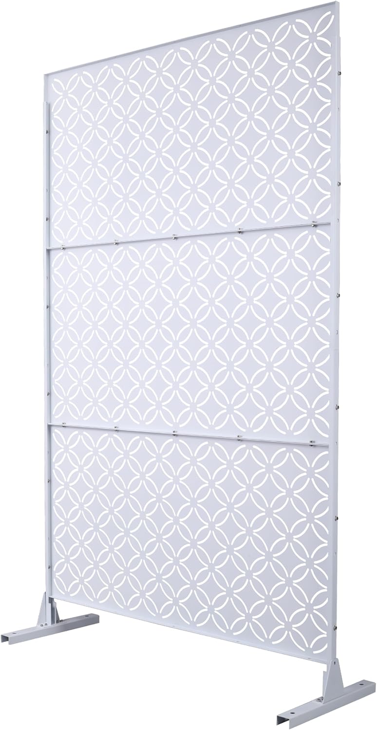 Freestanding Metal Privacy Screen 76 in H x 48 in W – Outdoor Indoor Decorative Fence Panel for Patio Balcony Deck Garden Lawn – White