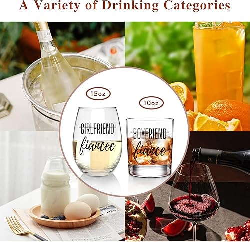 Miniatura 4 de ONEHAUS Regalos de compromiso para parejas regalo para prometido de boda para él y ella, juego de regalo de copa de vino y whisky para novio y