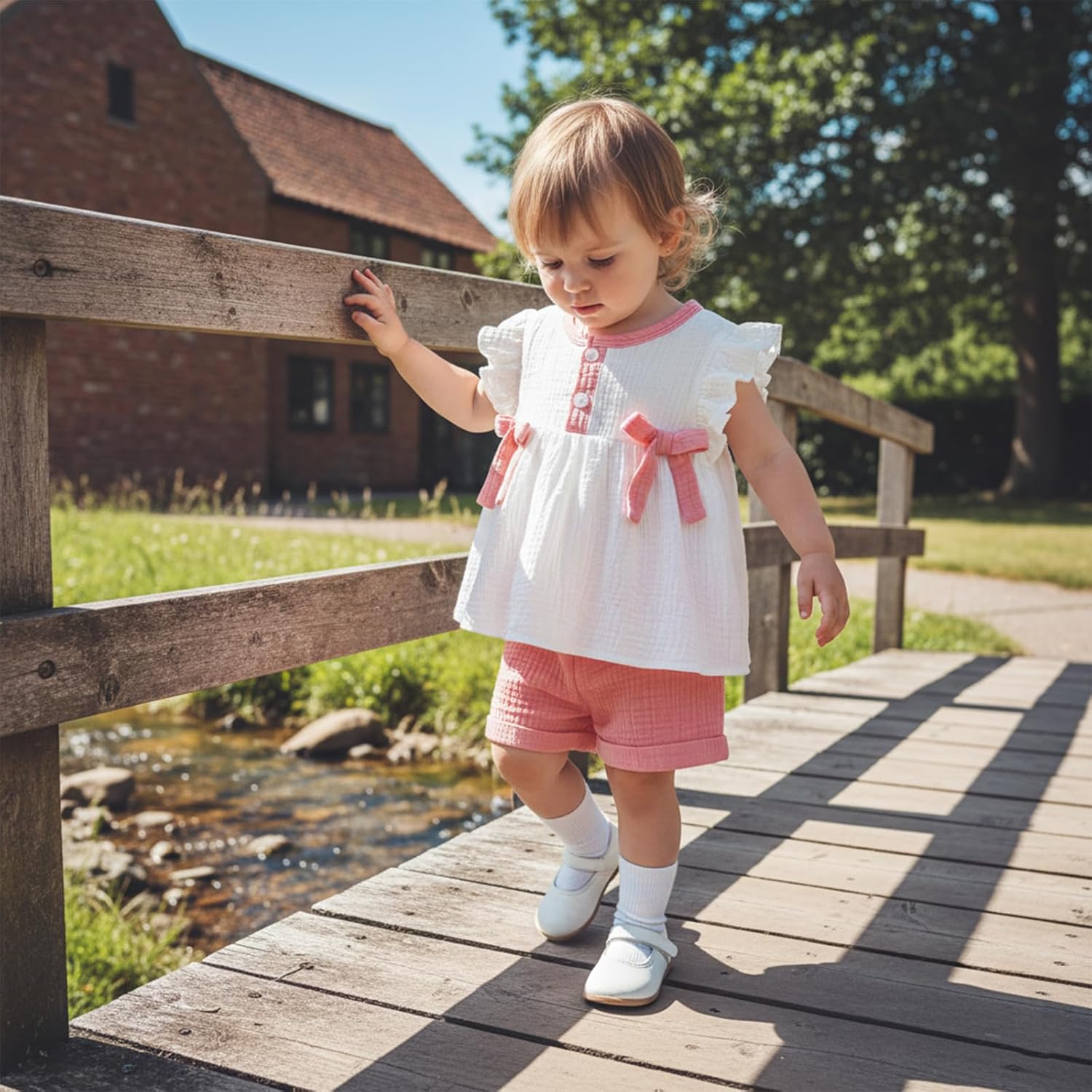 Toddler Girl Clothes Baby Summer Spring Outfits Cute Bow Button Smocked Ruffle Sleeve Tops ＋ Girls Shorts Set - Image 3