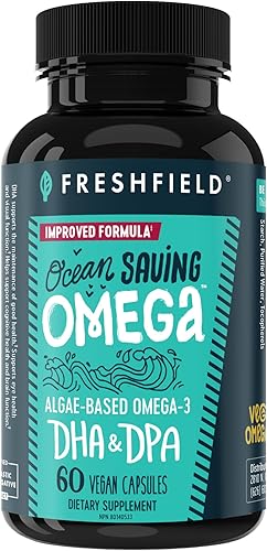 Freshfield Omega 3, Suplementos de DHA, Fórmula potente 1 por día, Aceite de algas (algas), Omega vegano, aceite de pescado para ahorro de océano,