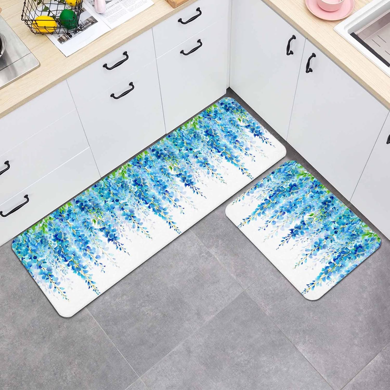 Spring Blue Wisteria Kitchen Mat Set 2 Pieces Watercolor Flowers Green Leaf Gradient Non Slip Kitchen Rugs Washable Runner Rug Mats for Floor Sink Laundry Office 23.6" x 35.4"+23.6" x 70.9"