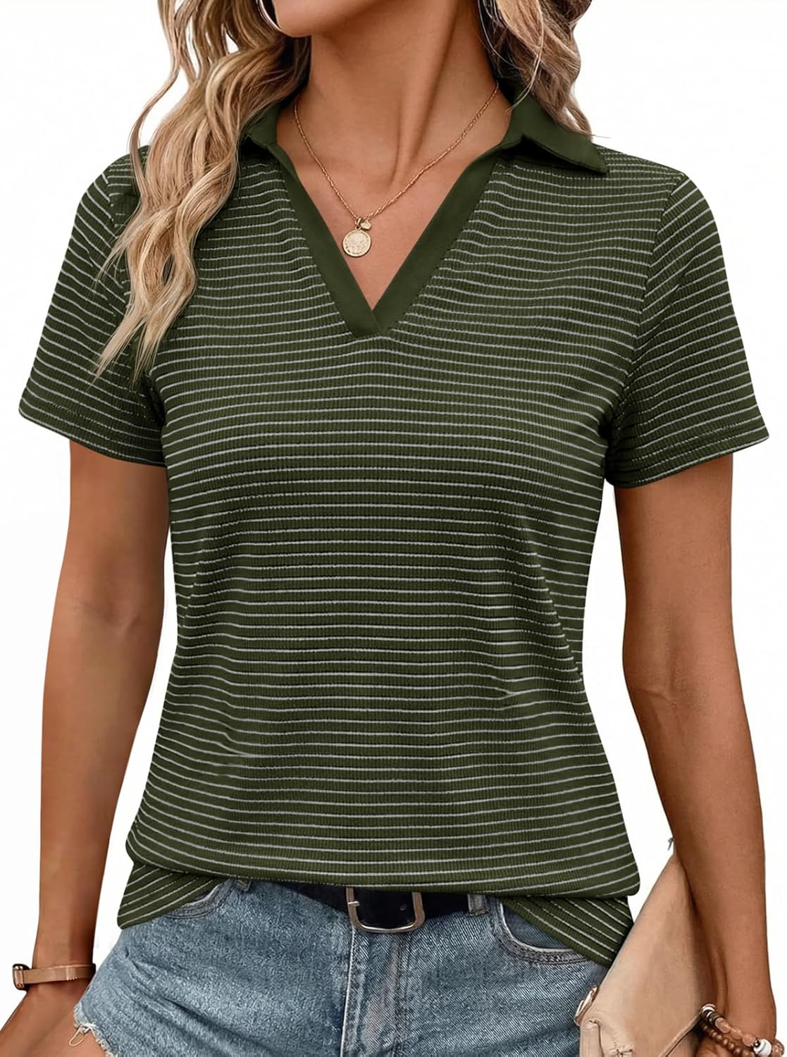 Tankaneo Womens Striped Polo Shirts Summer V Neck Short Sleeve Collared Tops Dressy Casual Fitted Blouse