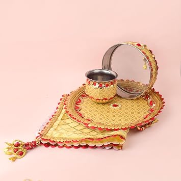 SATVIK 11 Pc Set of Decorative Karwa Chauth/Karva Chauth Thali with Lota, Channi, Story Book, Thali Cover, Bindi, Poster, Clay Diya, Roli-Chawal, Ghee Wicks, Mehendi Cone