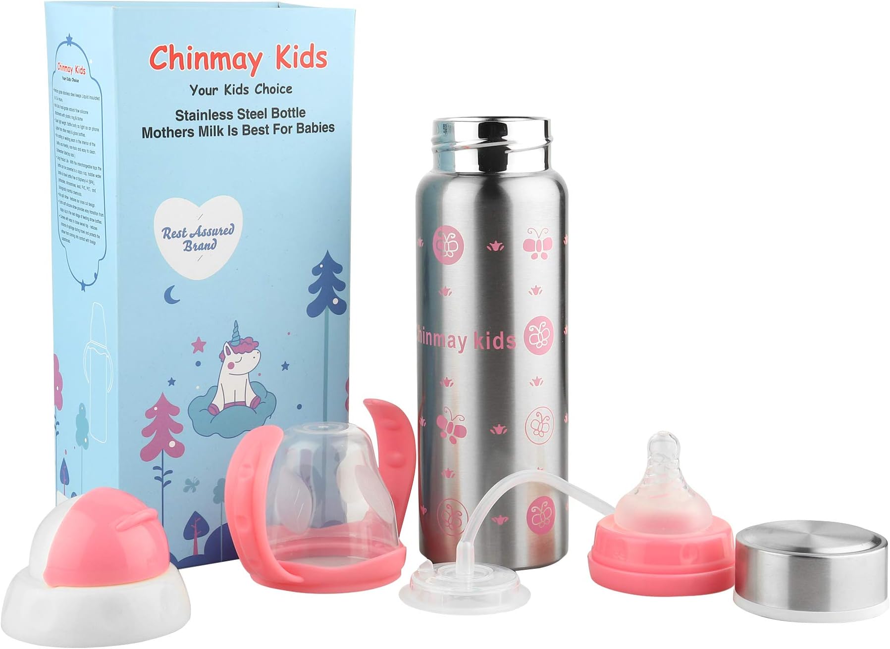 Chinmay Kids Stainless Steel Multifunctional 3 in 1 Thermosteel Milk Feeding Bottle for New-Born/Toddler with Straw Sipper and Nipple | BPA Free | 240 ml Capacity (Pink)