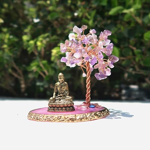 Vista 5 de Estatua de Buda con árbol de cristal curativo, árbol de la vida para energía positiva. Decoración del hogar Meditación de yoga. Amatista (A)