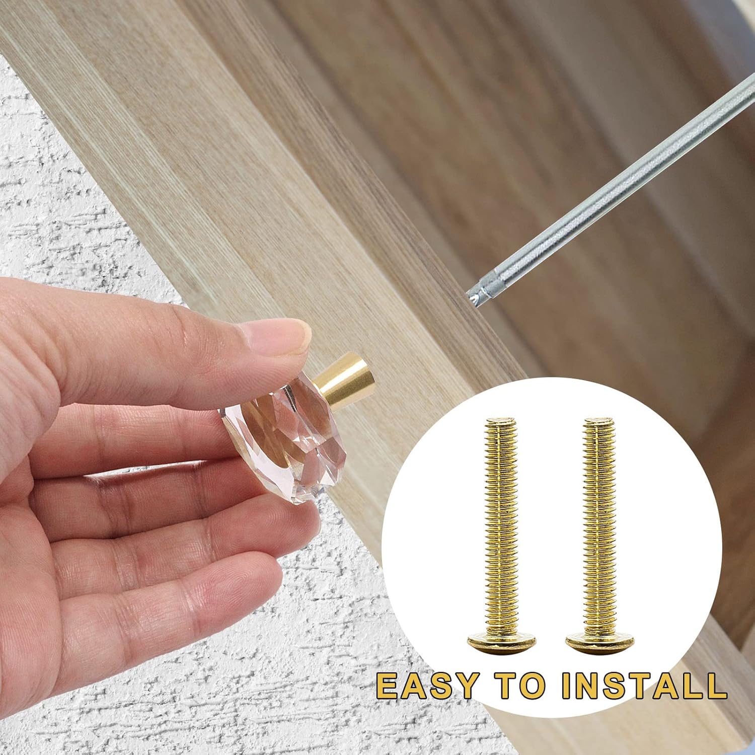 1-1/4 inch Brass Crystal Cabinet Knobs 10 Pack, Polygon Brass Dresser Cupboard Drawer Pulls, Modern Brushed Gold Knobs for Cabinets and Drawers