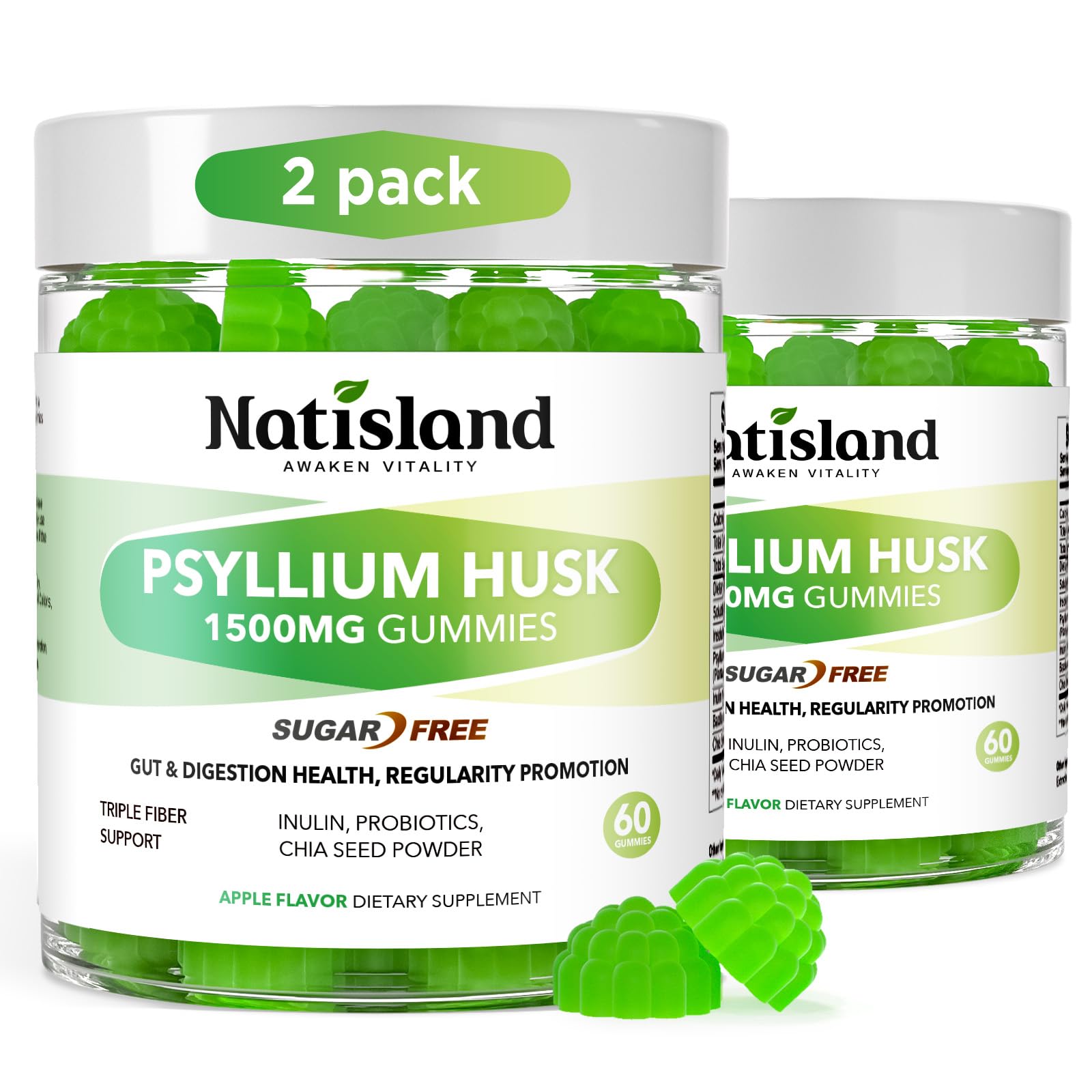 Psyllium Husk Gummies, 1500mg Psyllium Husk Fiber Supplement with Probiotics, Inulin, Chia Seed Powder for Gut & Digestive Health, Regularity, Vegan, Sugar Free, 120 Chewable 60 Count (Pack of 2)
