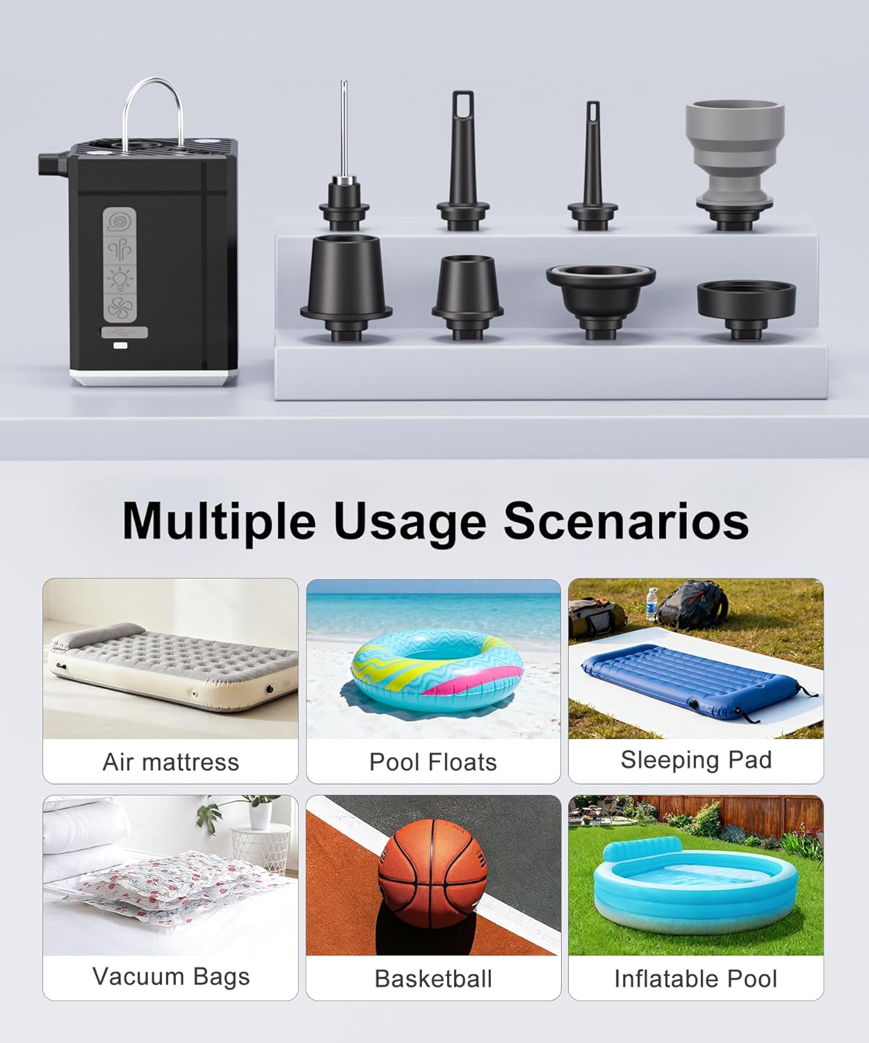 Portable Air Pump for Inflatables - 100KPA Mini Electric Air Pump 3000mAh Battery Air Mattress Pump & Camping Light & Fan for Air Mattres, Basketball, Vacuum Storage Bags, Pool Floats