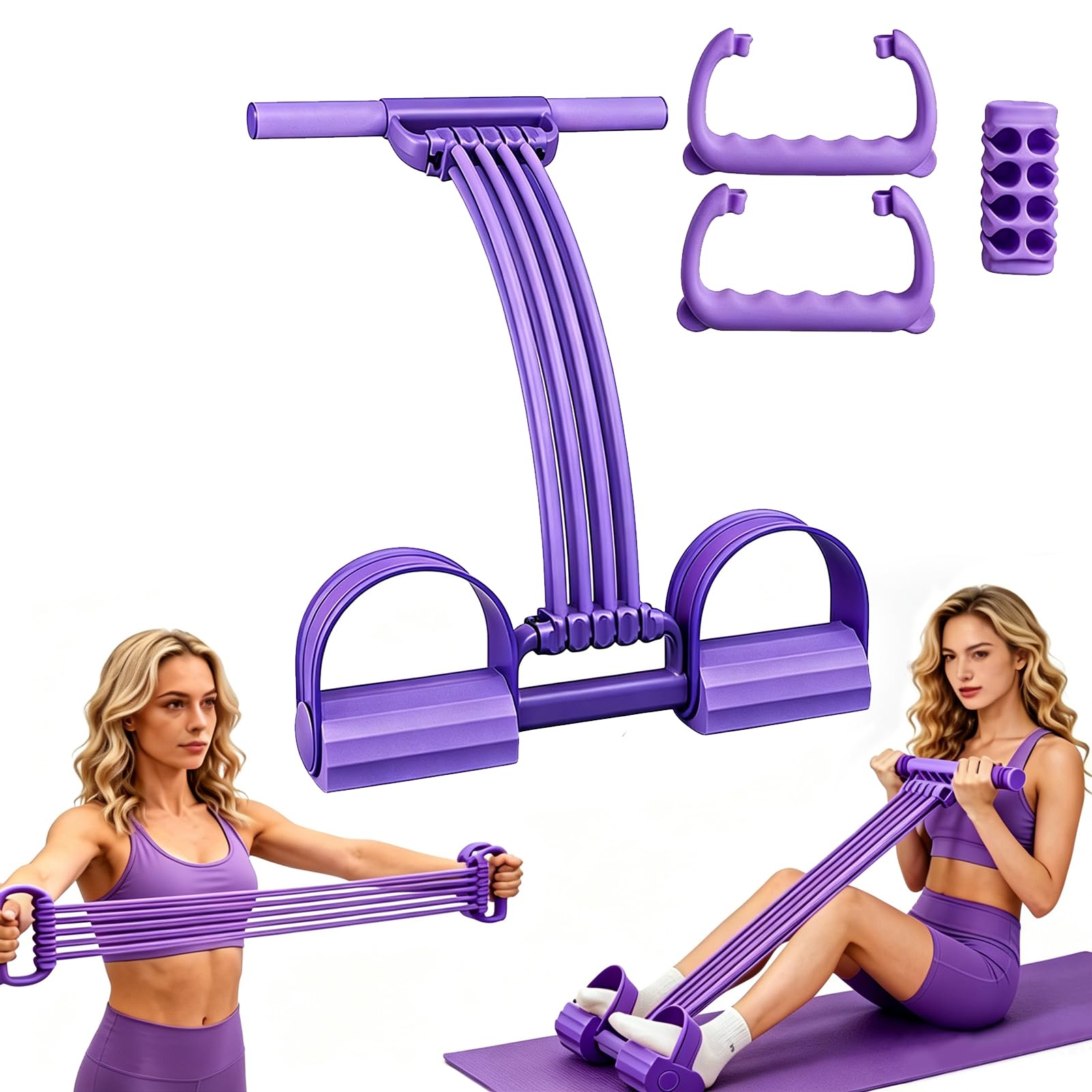 Pedal Resistance Bands with Handle, 8 Tube Exercise Band Sit Up Exercise Equipment 3‑in‑1 Abdominal Trainer, Foot Pedal Resistance Band for Fitness, Weight Loss, Training, Yoga (Purple)