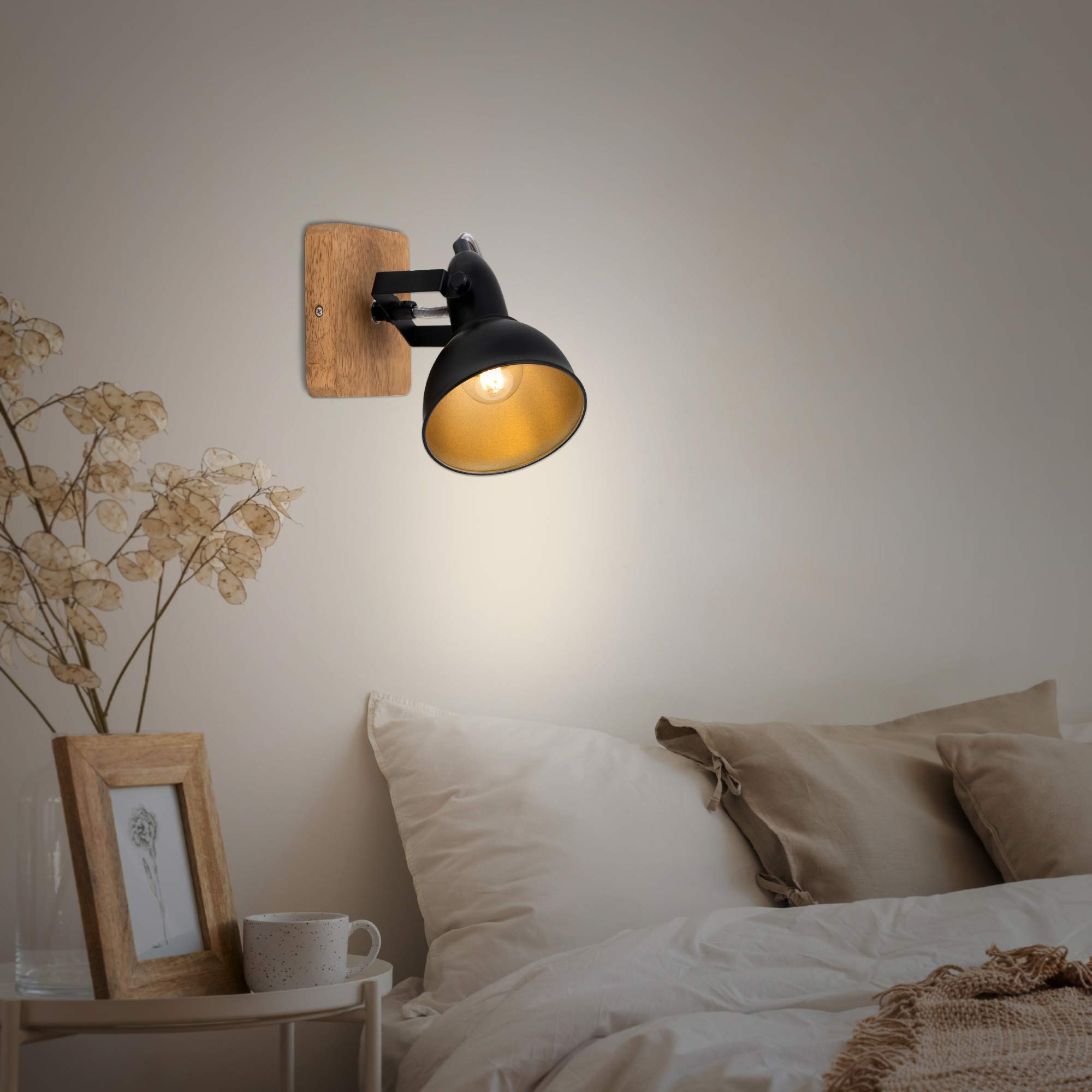 BRILONER Leuchten 2901-015 Lámpara Retro, Vintage, Foco Giratorio, 1x E14, Metal-Madera, Negro-Dorado, 110x110x157mm (Largo x Ancho x Distancia a Pared)