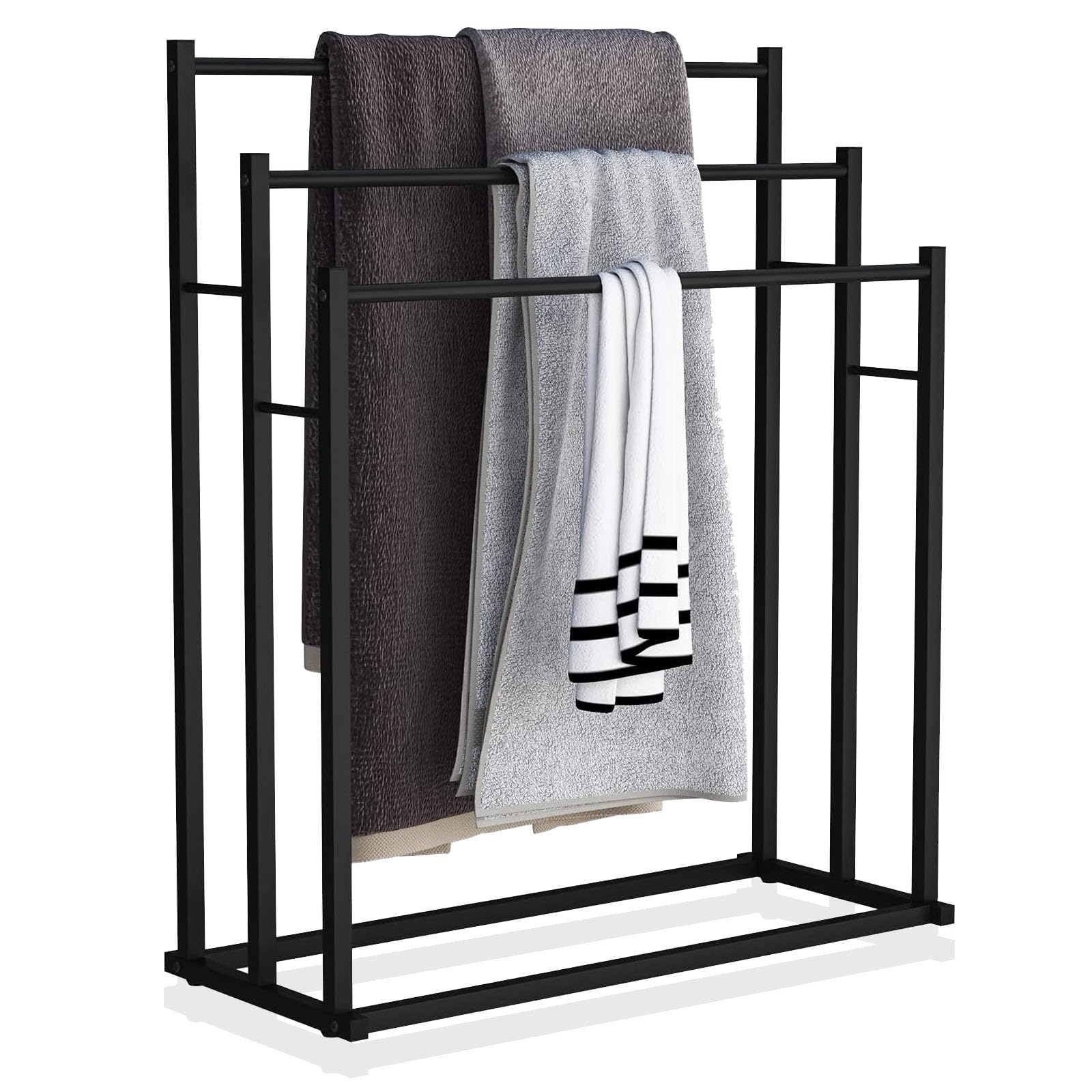 3 Tiers Free Standing Metal Towel Rack,35.4 in Height Floor Bath Towel Holder,Stand Bathroom Accessories Organizer for Bathroom Storage & Hand Towels,Washcloths,Next to Tub or Shower,Black