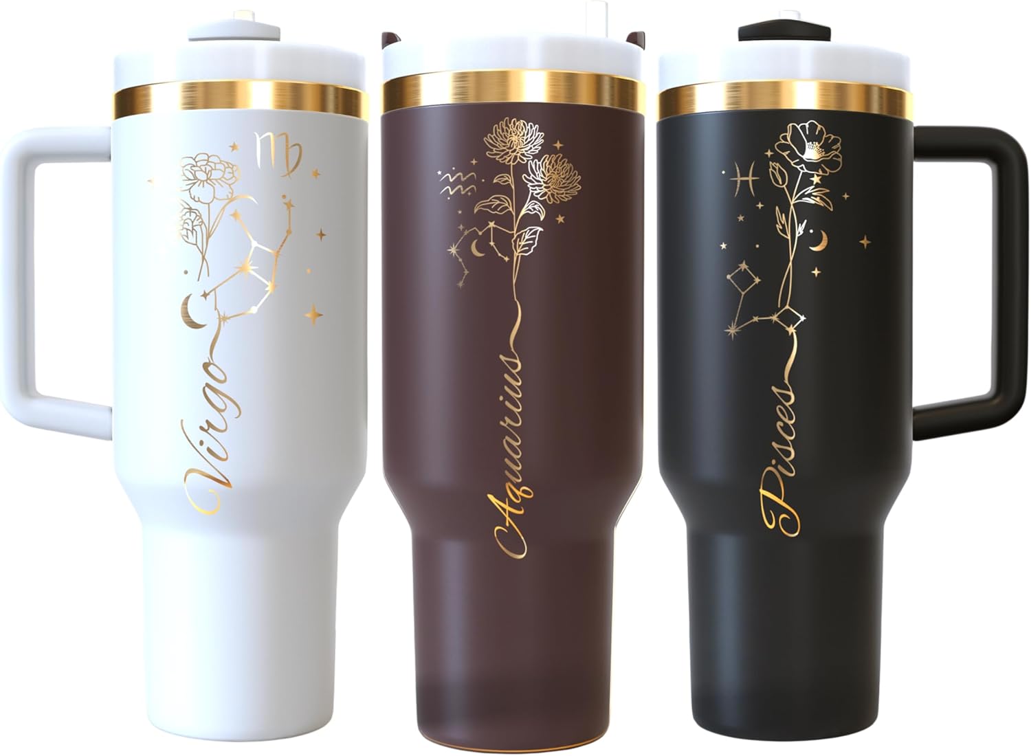 40 oz Tumbler with Holder for Women - Zodiac Signs Engraved, Personalized Gifts, Birth Flowers, Birthday & Bridesmaid Gifts, Travel Tumbler with Handle - Image 3