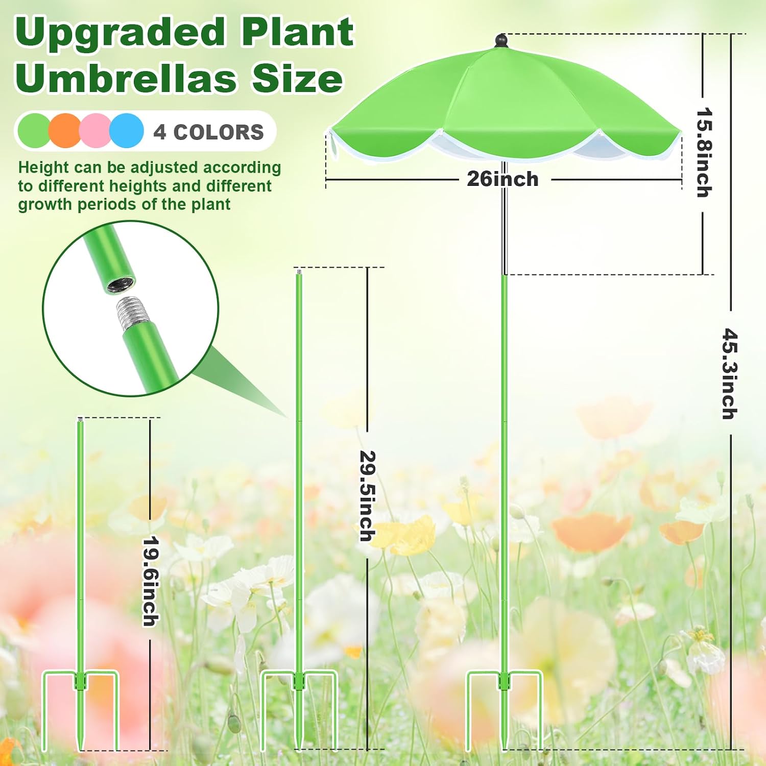POILKMNI 4 Pack 2026 Upgraded Plant Umbrellas for Outdoor Plants - 25" Enlarged Garden Plant Umbrella Shade with Adjustable Angle, 43.3" Higher Sun Shade for Plants, Garden Beds, Potted Plant