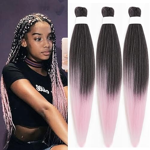 Miniatura 7 de Cabello trenzado preestirado, color negro y rosa, extensiones de cabello preestirado para trenzar caja, trenzas de ganchillo, cabello trenzado