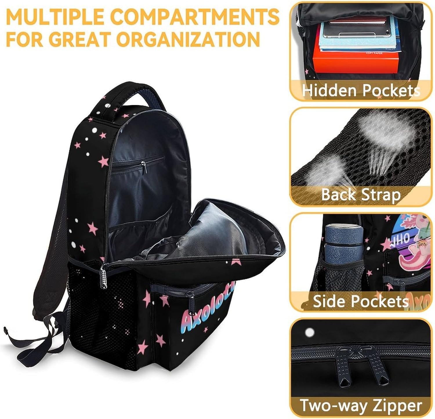 Axolotl Backpack for Girls, 16 Inch Black Backpacks for School, Cute Lightweight Bookbag for Kids - Image 6