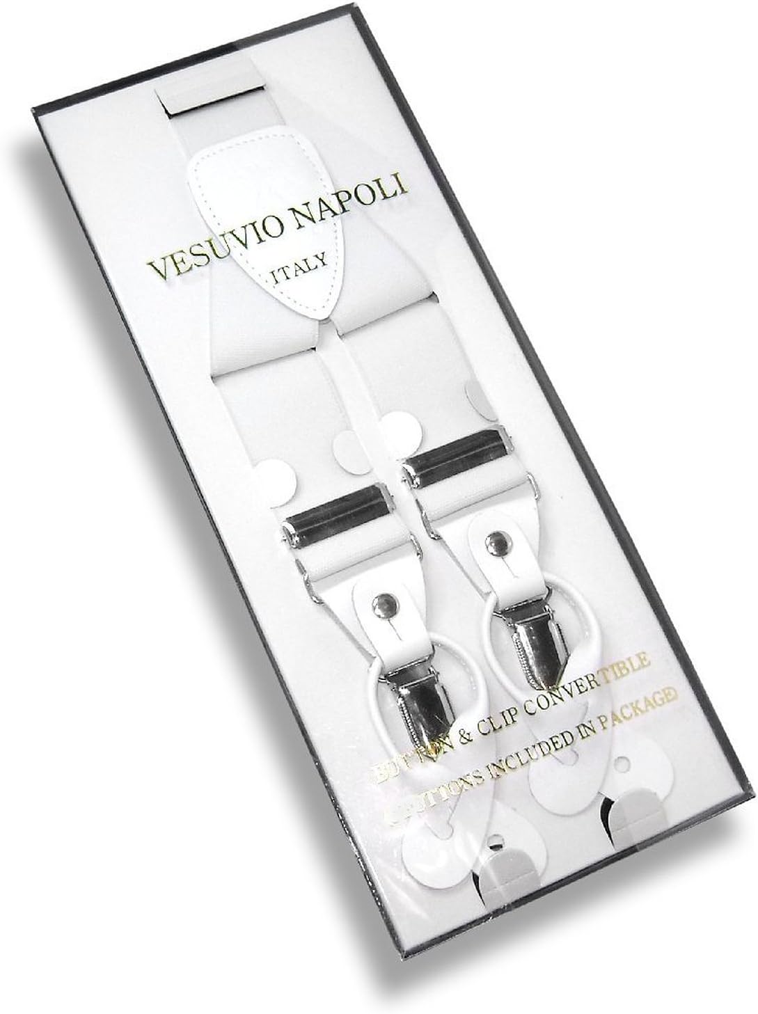 Men's White SUSPENDERS Y Shape Back Elastic Button & Clip Convertible