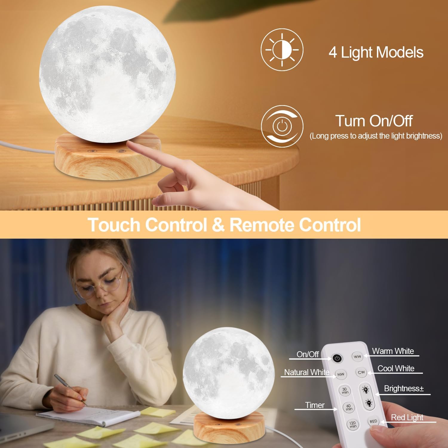Light Therapy Lamp - 10000 Lux Full Spectrum Sun Lamp, 3 Color Temperatures & 670nm Red Light, Touch/Remote Control, Stepless Dimming, USB Phone Charging, Moon Sunlight Lamp for Home Office
