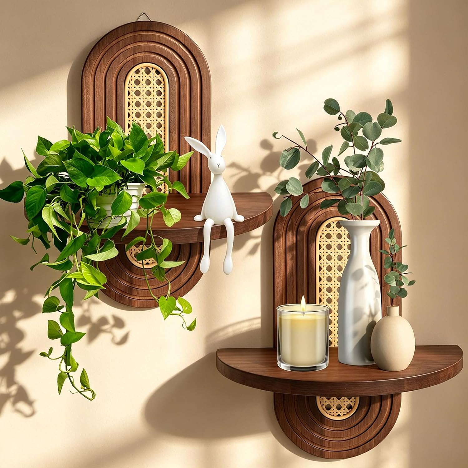 Floating Shelves for Wall, 2 Set of Boho Home Wall Decor, Plant Wall Shelf for Indoor Plants, Mid Century Small Wooden Floating Shelves for Bedroom, Living Room Wall Decor(Walnut, 14.5 x 11.8 Inch)
