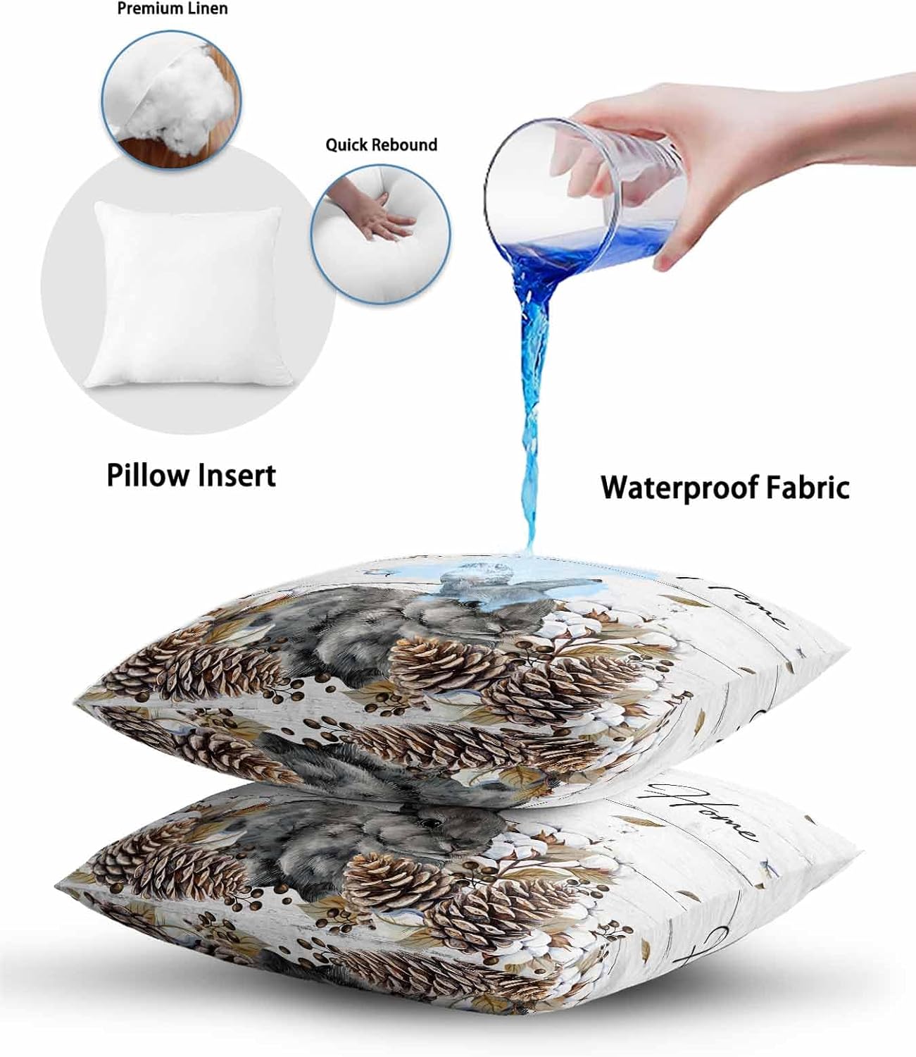 Outdoor Waterproof Throw Pillows Farm Rabbit Pine Cone Berry Patio Pillows Pack of 2,Decorative Pillow Covers with Insert,Pillow Cushion Case for Garden Couch Sofa Rustic Plant Animal Wood Plank