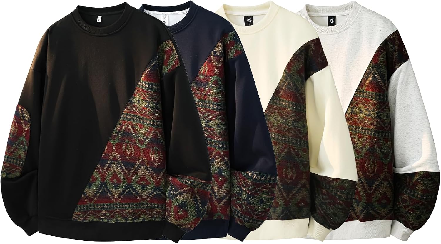 GURUNVANI Men's Patchwork Aztec Print Sweatshirt Unisex Loose Fit Retro Ethnic Pullover