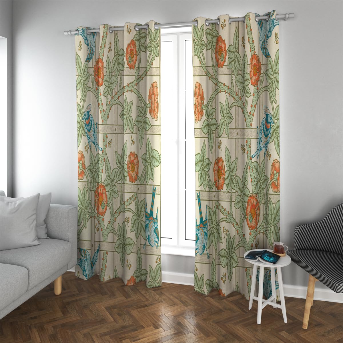 Zasłony zaciemniające w stylu boho pomarańczowe kwiaty niebieskie ptaki zielone liście wzór zasłony okienne do salonu z przelotkami góra 2 panele zestaw 2 x szer. 102 x dł. 63 cm