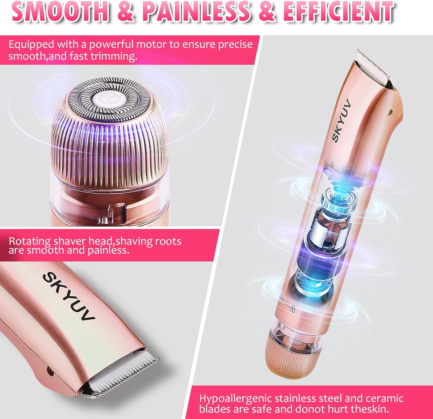 Bikini Trimmer for Women, SKYUV 2 in 1 Electric Razors Bikini Shaver, IPX7 Waterproof & Easy Cleaning, Ceramic Blade, USB Recharge, Cordless Body Hair Trimmer, Facial & Pubic Hair Removal