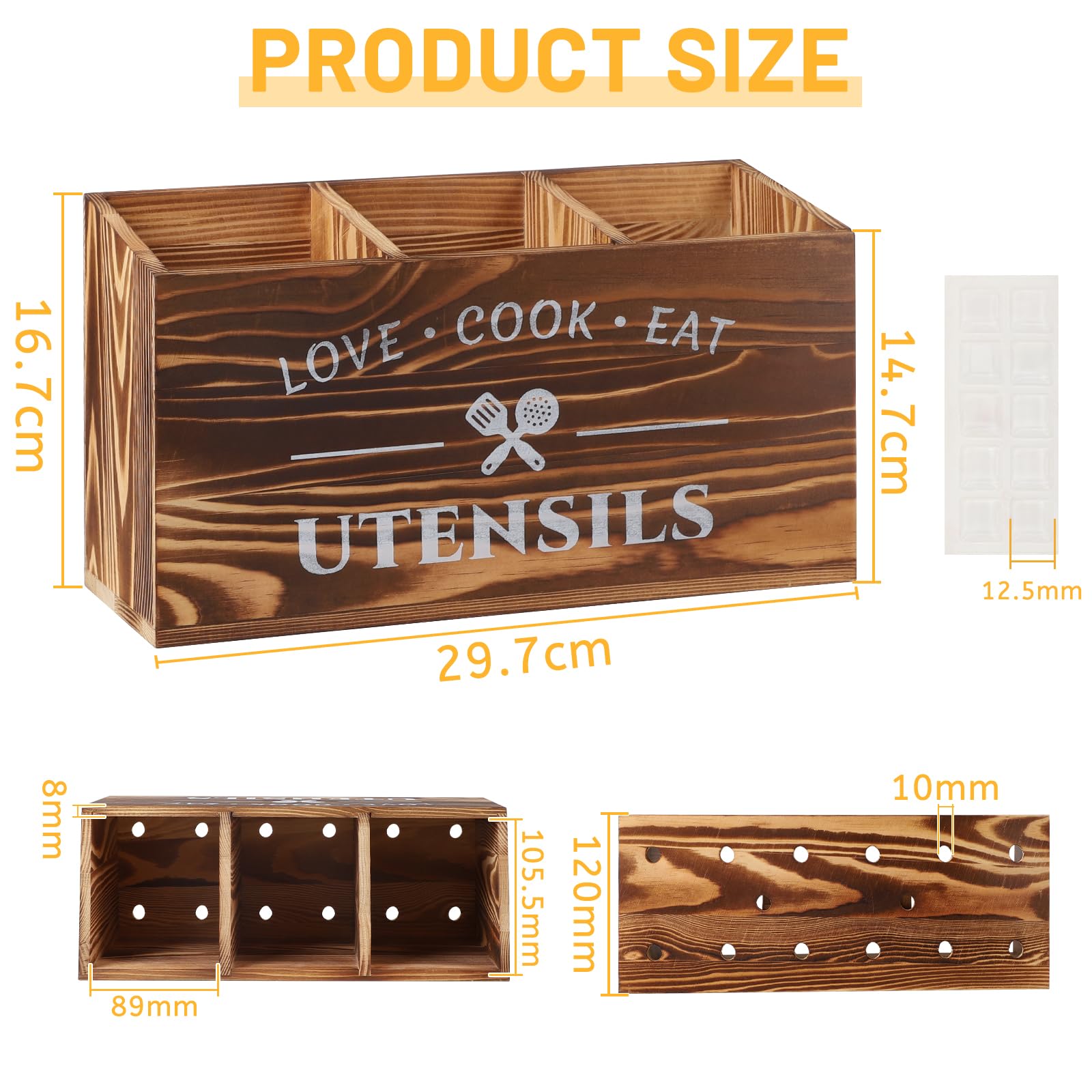LALAGO 3 Scomparti per Utensili da Cucina in Legno, Organizer da Cucina, Portautensili da Cucina in Legno, Organizer per Piano di Lavoro Della, Decorazione Rustico Marrone