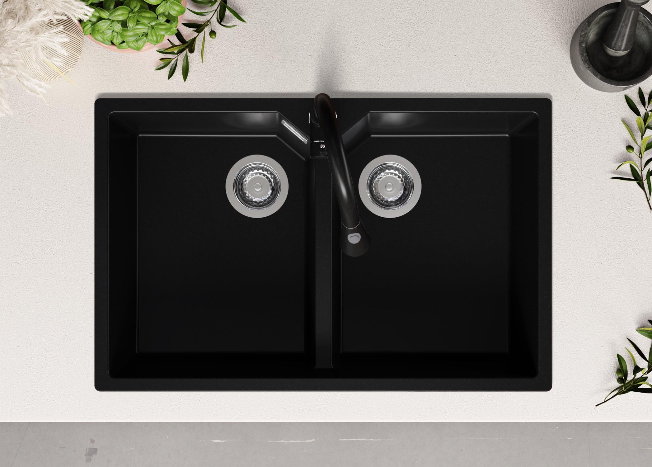 PRIMAGRAN Fregadero Cocina Negro 78x50cm, Granito 2 Senos + Sifón, Sobre Encimera al Mueble 80cm - Madrid Twin S001
