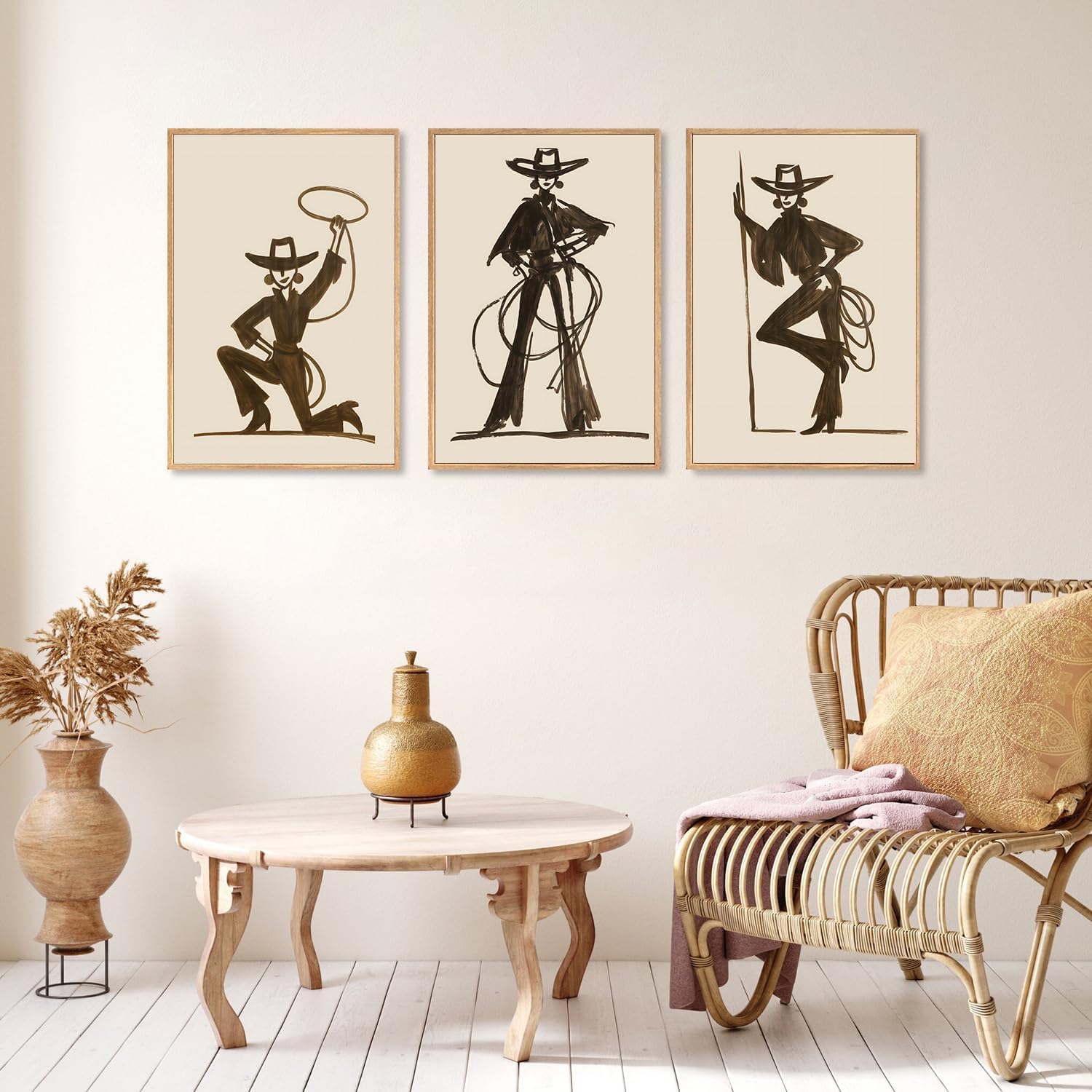 3Pcs Cowgirl Wall Art Brown Western Woman Canvas Wall Decor Neutral Minimalist Trendy Line Art Rodeo Eclectic Pictures Prints Posters for Living Room Bedroom Farmhouse Wall Decor 16X24 Inch Unframed